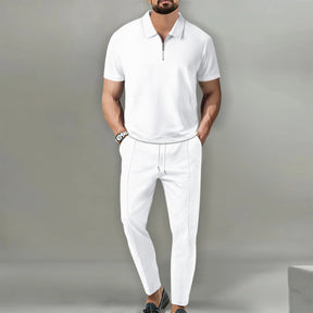 Conjunto de Calça e Camisa Polo Linha Casual Refinada.